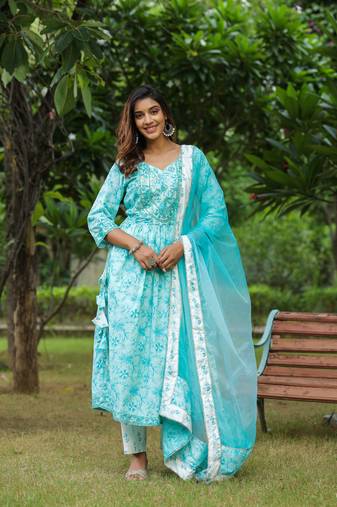 Columbia blue cotton naira cut anarkali suit set