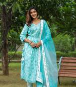 Columbia blue cotton naira cut anarkali suit set