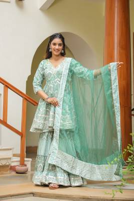 Viridian green cotton mughal print anarkali sharara suit set of 3 1