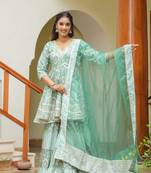 Viridian green cotton mughal print anarkali sharara suit set of 3
