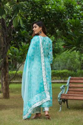 Columbia blue cotton naira cut anarkali suit set 2