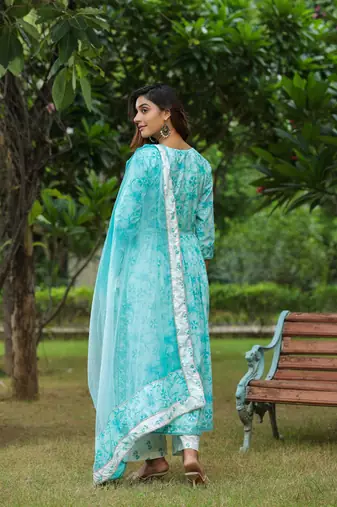 Columbia blue cotton naira cut anarkali suit set