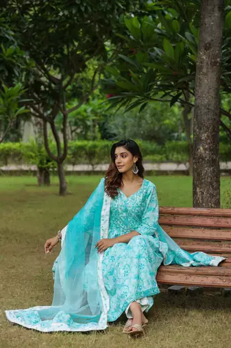 Columbia blue cotton naira cut anarkali suit set