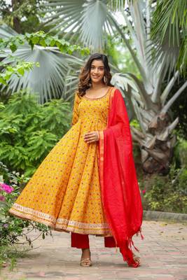 Corn yellow french crepe anarkali slik suit set of 3 1