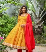 Corn yellow french crepe anarkali slik suit set of 3