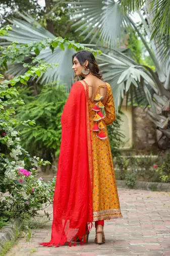 Corn yellow french crepe anarkali slik suit set of 3