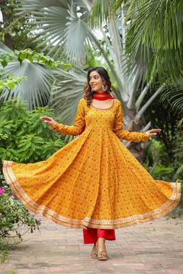 Corn yellow french crepe anarkali slik suit set of 3 3