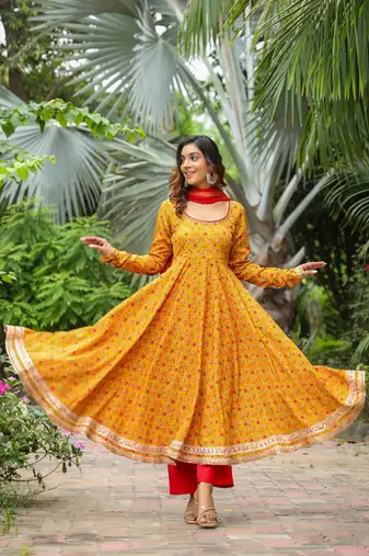 Corn yellow french crepe anarkali slik suit set of 3