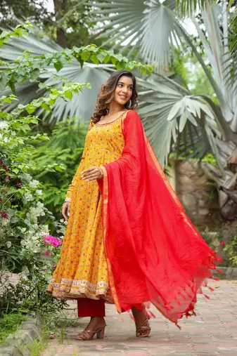 Corn yellow french crepe anarkali slik suit set of 3