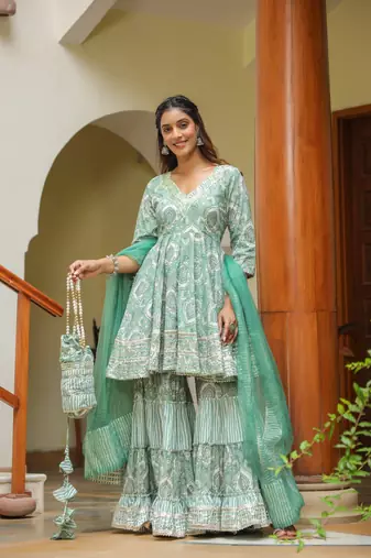 Viridian green cotton mughal print anarkali sharara suit set of 3