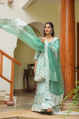 Viridian green cotton mughal print anarkali sharara suit set of 3 4
