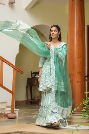 Viridian green cotton mughal print anarkali sharara suit set of 3