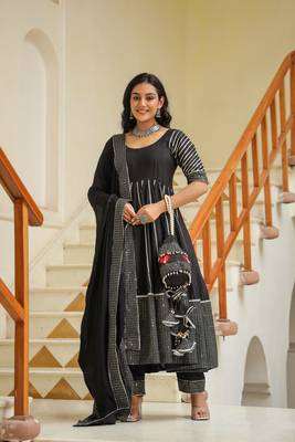 Dune black cotton silk embroidery anarkali suit set of 3 4