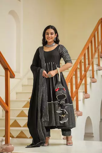 Dune black cotton silk embroidery anarkali suit set of 3