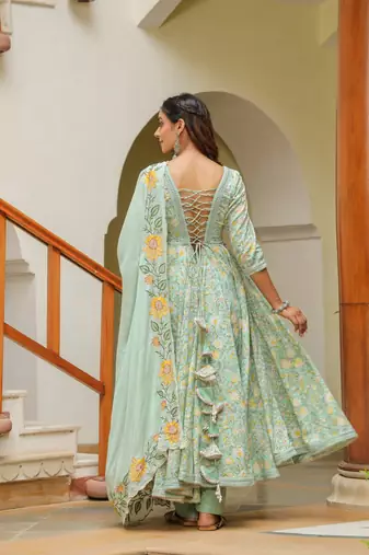 Edgewater green cotton anarkali suit set of 3