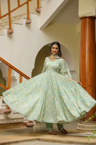 Edgewater green cotton anarkali suit set of 3
