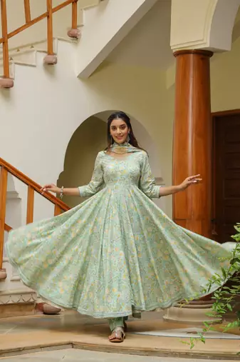 Edgewater green cotton anarkali suit set of 3