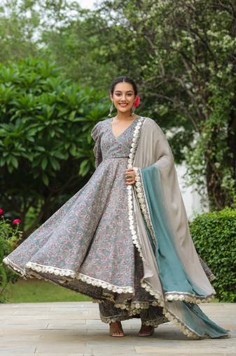 Granny grey cotton gota anarkali suit set of 3
