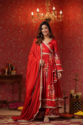 Maroon chinon printed lace deatiling angarkha anarkali suit set of 3