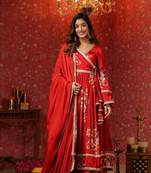 Maroon chinon printed lace deatiling angarkha anarkali suit set of 3