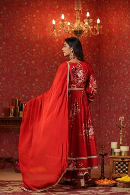 Maroon chinon printed lace deatiling angarkha anarkali suit set of 3 2