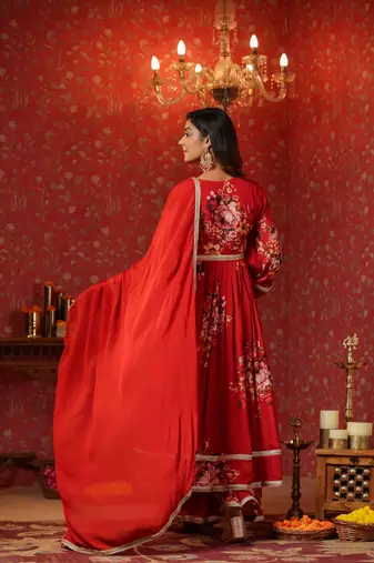 Maroon chinon printed lace deatiling angarkha anarkali suit set of 3