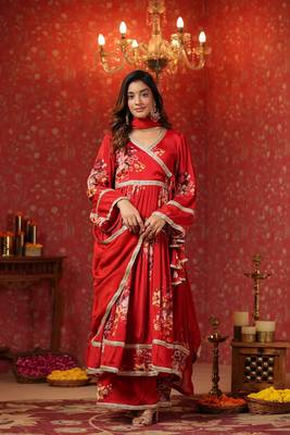 Maroon chinon printed lace deatiling angarkha anarkali suit set of 3 3