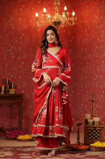 Maroon chinon printed lace deatiling angarkha anarkali suit set of 3