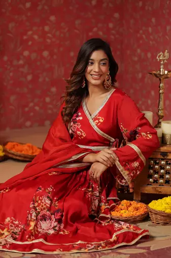 Maroon chinon printed lace deatiling angarkha anarkali suit set of 3
