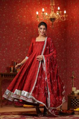 Maroon cotton square neck anarkali set  with embroidery duptta suit set of 3 1
