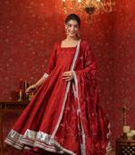 Maroon cotton square neck anarkali set  with embroidery duptta suit set of 3