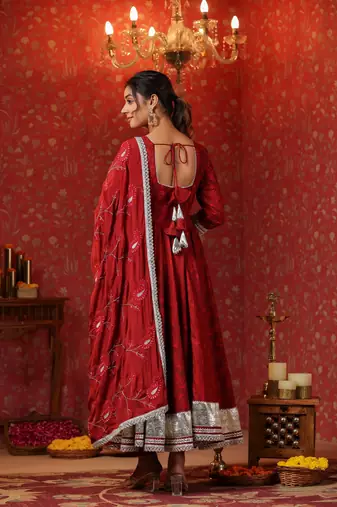 Maroon cotton square neck anarkali set  with embroidery duptta suit set of 3
