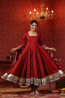 Maroon cotton square neck anarkali set  with embroidery duptta suit set of 3 3