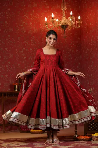 Maroon cotton square neck anarkali set  with embroidery duptta suit set of 3