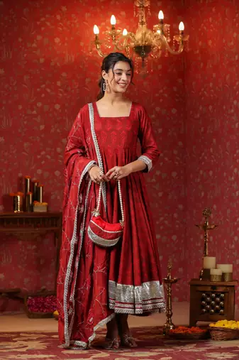 Maroon cotton square neck anarkali set  with embroidery duptta suit set of 3