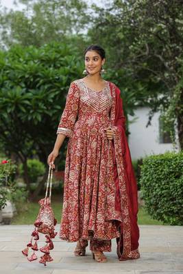 Mexican red cotton anarkali suit set of 3 1