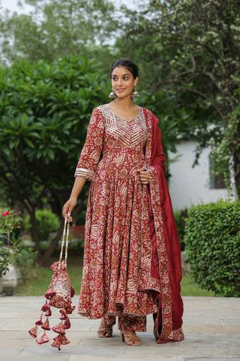 Mexican red cotton anarkali suit set of 3