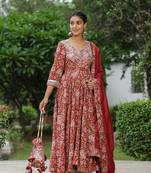 Mexican red cotton anarkali suit set of 3