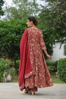 Mexican red cotton anarkali suit set of 3 2