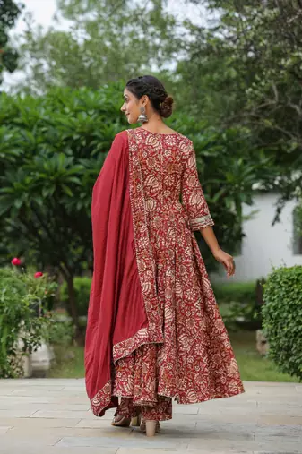 Mexican red cotton anarkali suit set of 3