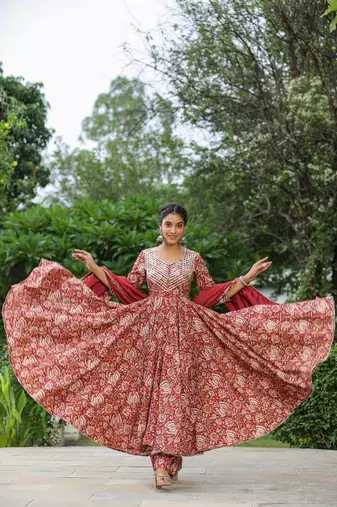 Mexican red cotton anarkali suit set of 3