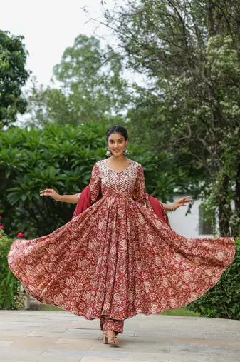 Mexican red cotton anarkali suit set of 3