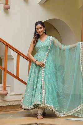 Monte carlo green gota lace cotton anarkali sleeveless suit set of 3 1