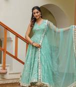 Monte carlo green gota lace cotton anarkali sleeveless suit set of 3