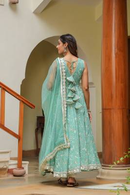 Monte carlo green gota lace cotton anarkali sleeveless suit set of 3 2