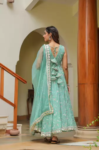 Monte carlo green gota lace cotton anarkali sleeveless suit set of 3