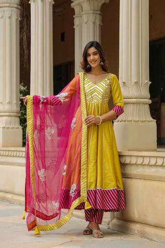 Old gold yellow cotton silk anarkali suit set of 3