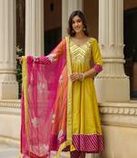 Old gold yellow cotton silk anarkali suit set of 3