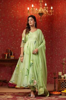 Parrot green  organza brush print anarkali suit set of  3 1