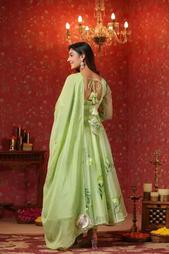 Parrot green  organza brush print anarkali suit set of  3